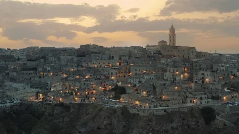 Aerial View of Sassi di Matera durian sunset in Basilicata, Italy 4K Stock Footage 162909993