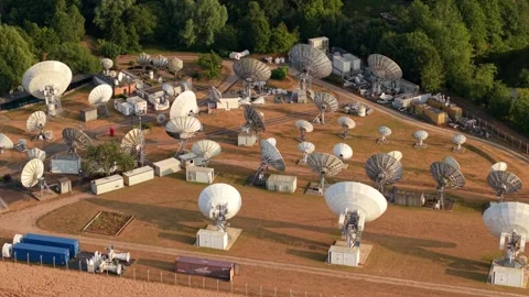 Aerial view of satellite dish array in Rugby, United Kingdom. Video stock 341423835