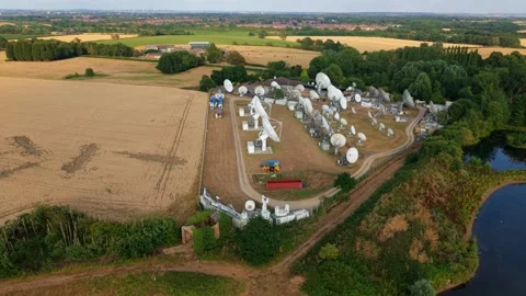 Aerial view of satellite dish array in Rugby, United Kingdom. Video stock 341423854