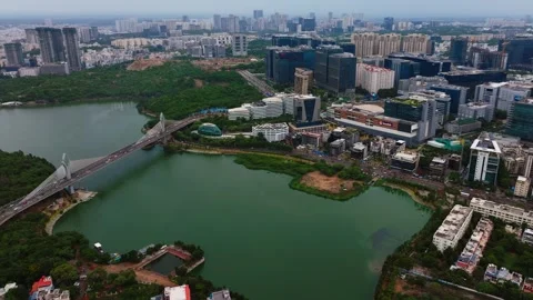 Aerial view of Sattva Knowledge City with Inorbit Mall, Durgam Cheruvu, Nectar Stock Footage 344166427