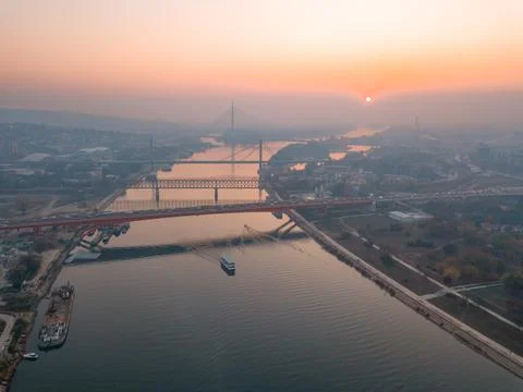 Aerial view of Sava river, bridges and thick smog over Belgrade Stock Photos