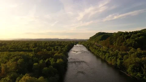 Aerial view of Sava river during scenic sunset, Zagreb, Croatia. Stock Footage 130440336