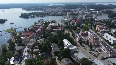 Aerial View of Savonlinna City Center in Sunny Summer Day Stock Footage