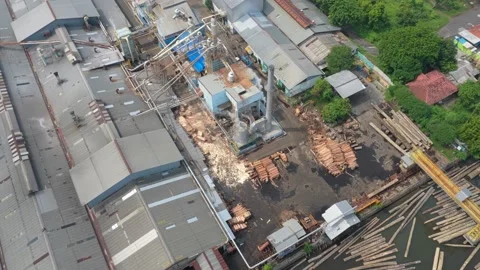 Aerial view of sawmill wood processing factory Stock Footage 328918831