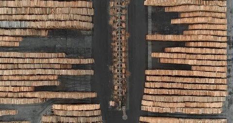 Aerial view of sawmill yard with stacks of tree trunks Vídeo Stock 104968215