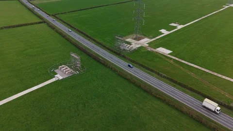 Aerial View of Scaffold Gantry Set Up Over Road for Cable Support in Countryside Stock Footage 333375149