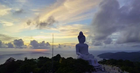 Aerial view scenery cloud in beautiful sky behind Phuket Big Buddha at sunset Stock Footage 248249347