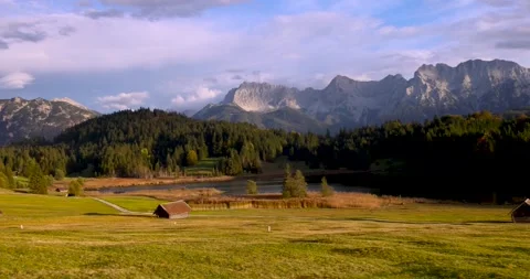 Aerial view of scenic landscape of fields at Garmisch-Partenkirchen in German Stock Footage 282910206