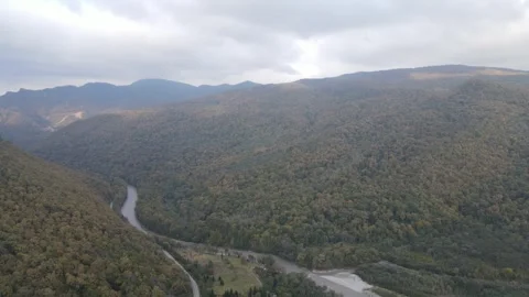 Aerial view of a scenic mountain river valley in autumn Stock Footage 337888262