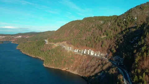 Aerial View of Scenic Mountain Road and Lake in Oppdal, Norway Stock Footage 315735853