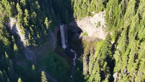 Aerial View of a Scenic Oregon Waterfall on a Sunny Morning Stock Footage 337443378