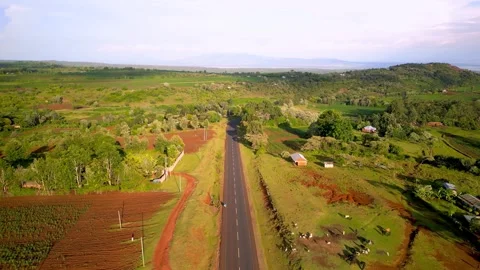 Aerial view of scenic road through fields to Ngorongoro conservation area i.. Stock Footage 310353433