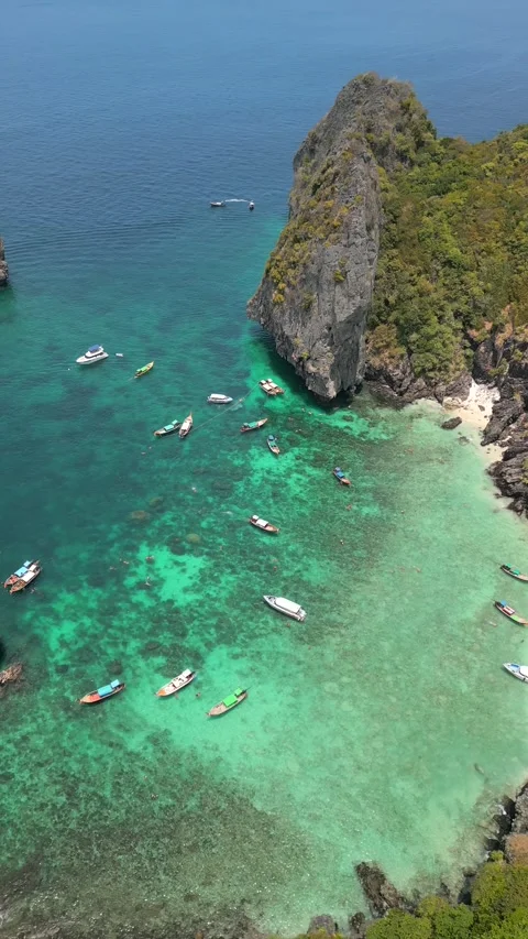 Aerial View Of Scenic Tropical Bay With Turquoise Sea On Phi Phi Island Thailand Video stock 307420153