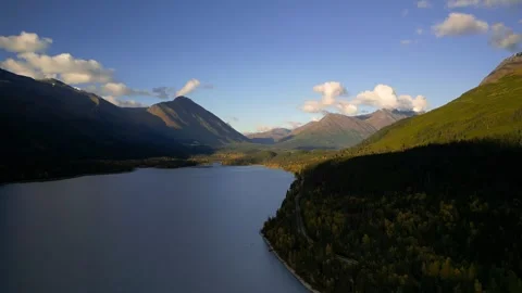 Aerial view of Scenic Upper Trail Lake in Alaska countryside suring autumn .. Stock Footage 313778200