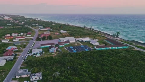 Aerial View of School and Catholic Church by the Bay, Hunters, Grand Bahama Stock Footage 146348985