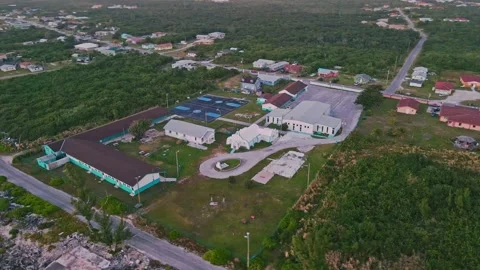 Aerial View of School and Catholic Church by the Bay, Hunters, Grand Bahama Stock Footage 146349113