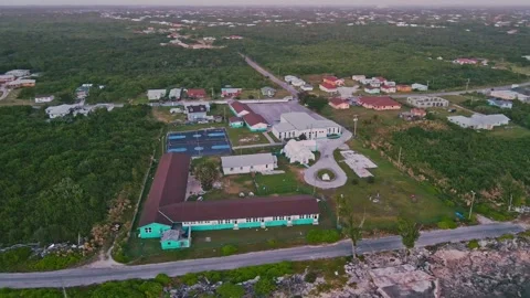Aerial View of School and Catholic Church by the Bay, Hunters, Grand Bahama Stock Footage 146349152