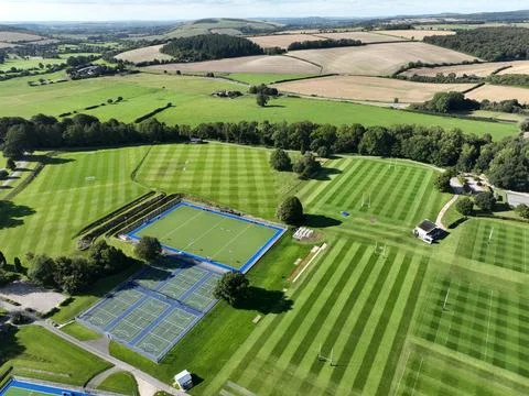 Aerial view of school playing fields set in a beautuful rural scenic location Stock Photos