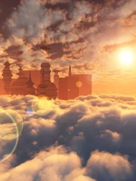 Aerial view of Sci Fi City with clouds and sun Stock Illustration