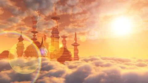 Aerial view of Sci Fi City with clouds and sun Illustrazione stock