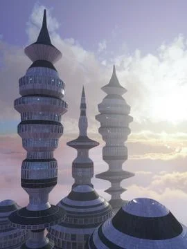 Aerial view of Sci Fi City with clouds and sun Stock Illustration