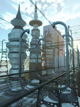 Aerial view of Sci Fi City with clouds and sun 3d illustration Stock Illustration