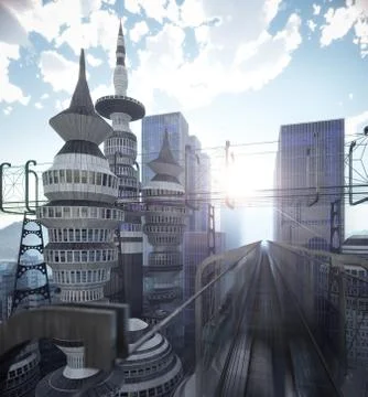 Aerial view of Sci Fi City with clouds and sun 3d illustration Stock Illustration