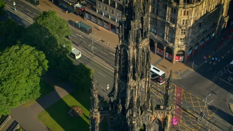 Aerial view of Scott Monument and Princes Street in Edinburgh, Scotland Stock Footage 336775956