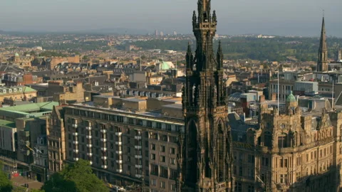 Aerial view of the Scott Monument and Edinburgh cityscape Stock Footage 336776096