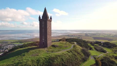 Aerial view of the Scrabo Tower and the green landscape in Newtownards, Northern Stock-Footage 220060808