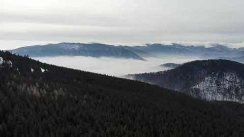 Aerial view of a sea of clouds over the mountains valley in the Carpathians Video stock 149274721
