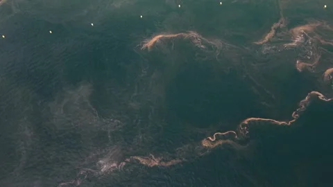 Aerial view of sea currents and pine pollen patterns on the water in Spain Stock Footage 342121817