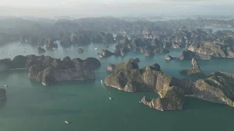 Aerial view of the sea karst peak forest in Ha Long Bay, Vietnam Stock Footage 311928341