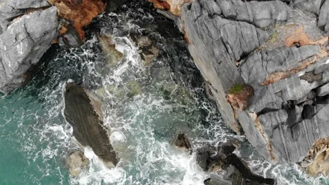 Aerial view sea shore rocky with wave sea bay movement Stock Footage 195006653