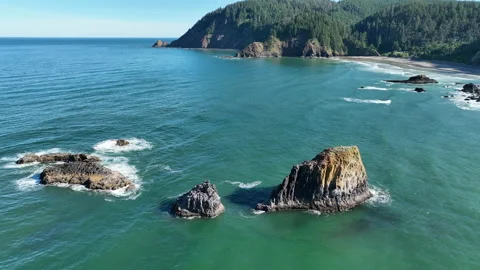 Aerial View of Sea Stacks Found Off Scenic Oregon Coast Stock Footage 200927327