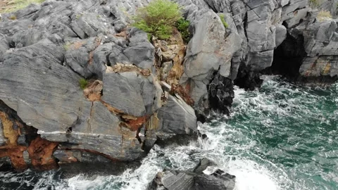 Aerial view sea wave beach on cliff turquoise water Stock Footage 195006364