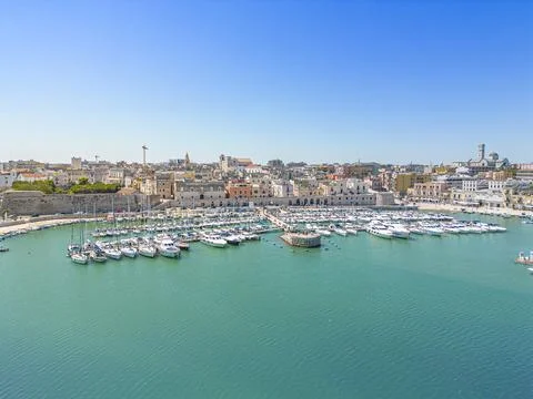 Aerial view of seafront and old town Bisceglie in Puglia with drone. Stock Photos