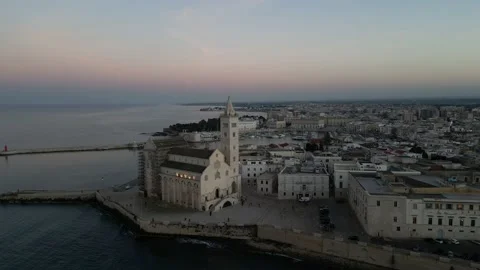 Aerial view of seafront and Trani Cathedral in Puglia with drone. Stock Footage 232987219