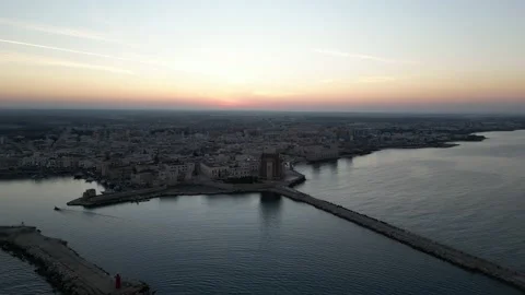Aerial view of seafront and Trani Cathedral in Puglia with drone. Stock Footage 232987792