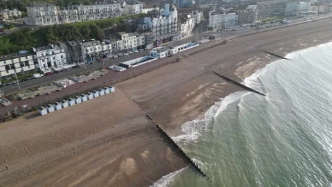 Aerial view of the seafront, beach and seafront at Hastings Stockbeeldmateriaal 242913649