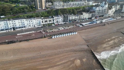 Aerial view of the seafront, beach and buildings at Hastings Video stock 242913661