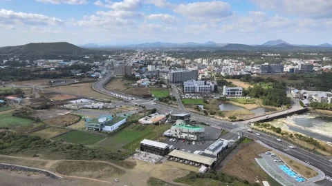 Aerial View of A Seaside Town on Eastern Shore of Jeju Volcanic Island. Stock Footage 146066955