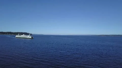 Aerial view of the Seattle Ferry going over the Puget Sound to Seattle. Stock Footage 149385214