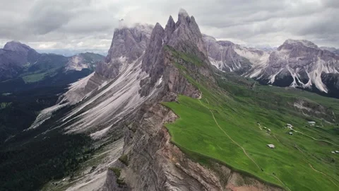 Aerial view of Seceda mountain peak in summer, Dolomites, Val Gardena Video stock 247467942