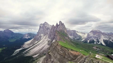 Aerial view of Seceda mountain ridge with tourists hikers, Dolomites Video stock 247467968