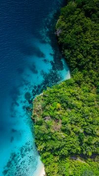 Aerial View of a Secluded Tropical Beach in Raja Ampat, Indonesia Stock Photos
