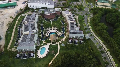 Aerial view of Secrets Royal Beach Punta Cana is tropical hotel, solar panels 스톡 동영상 274485597