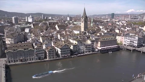 An aerial view of a section of the Limmat River and Zurich. Stock Footage 286045757