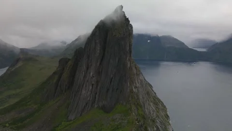 Aerial view of Segla mountain above the fjord, Senja Stock Footage 345166575