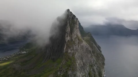 Aerial view of Segla mountain above the fjord, Senja Stock Footage 345167370